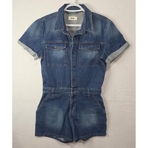 REIKO Catline Denim Romper Medium Wash Short Sleeve Utility Jumpsuit Size M